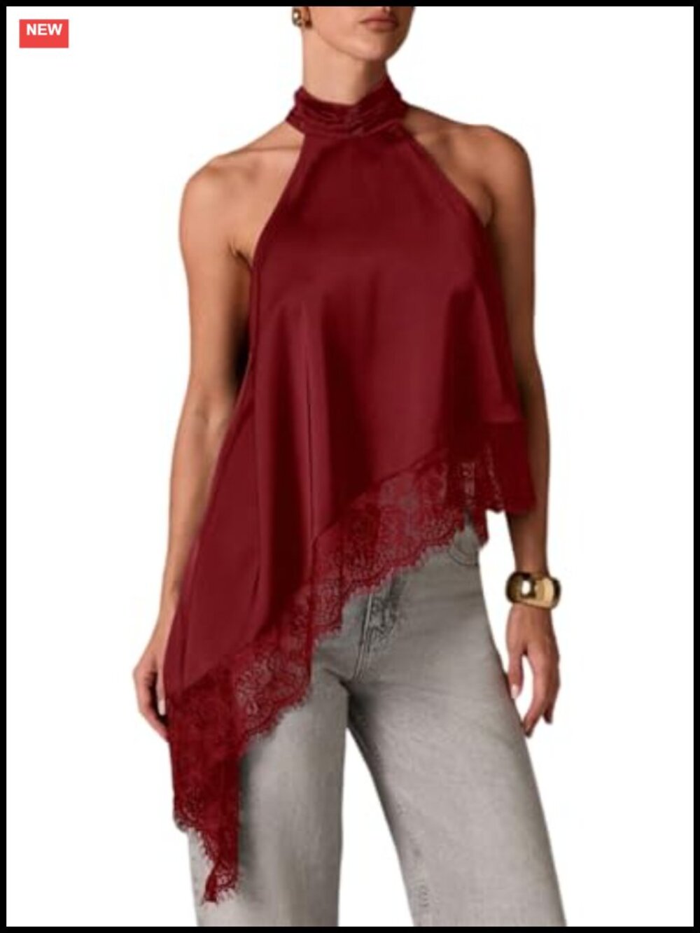 Satin Halter Neck Sleeveless Tank Top Lace Trim Asymmetrical Hem